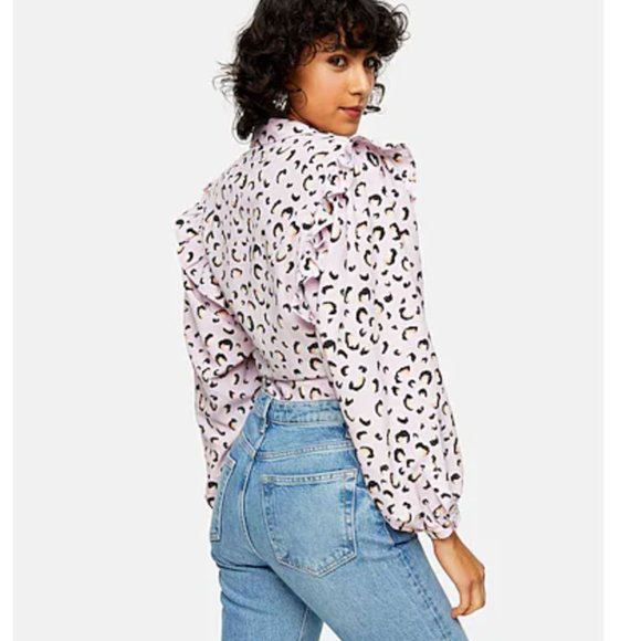 TOPSHOP Pink Animal Print Frill Tie Front Blouse Size 4 - Picture 2 of 13